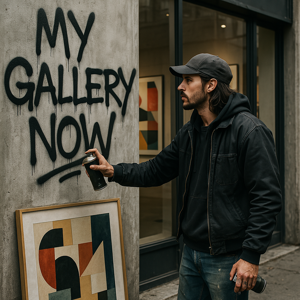 Artist Spray Painting Gallery Wall