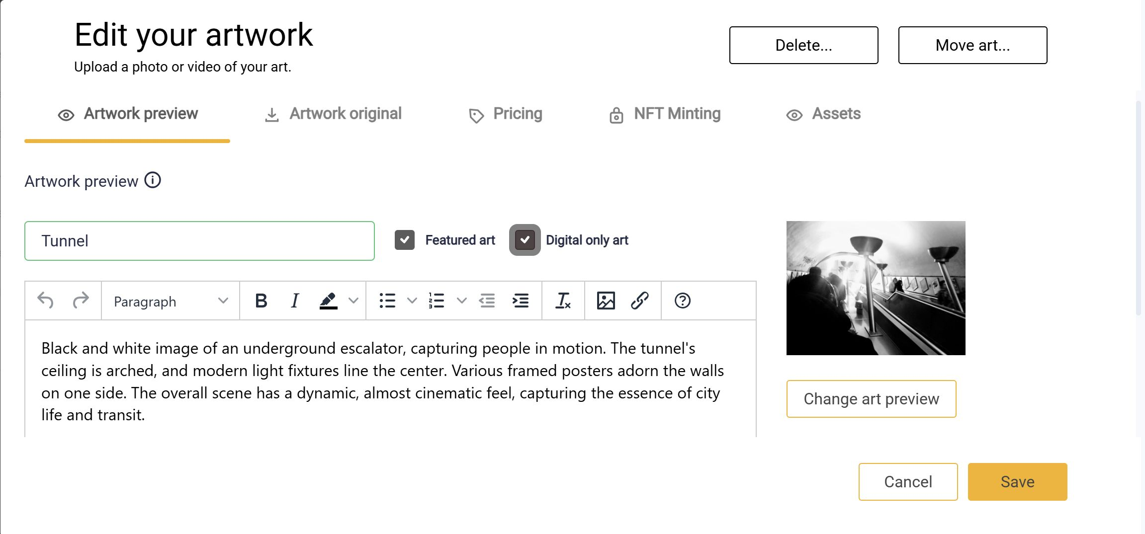 Select the highlighted Digital Only Art to ensure you can Mint and Price the Artwork as NFT Art