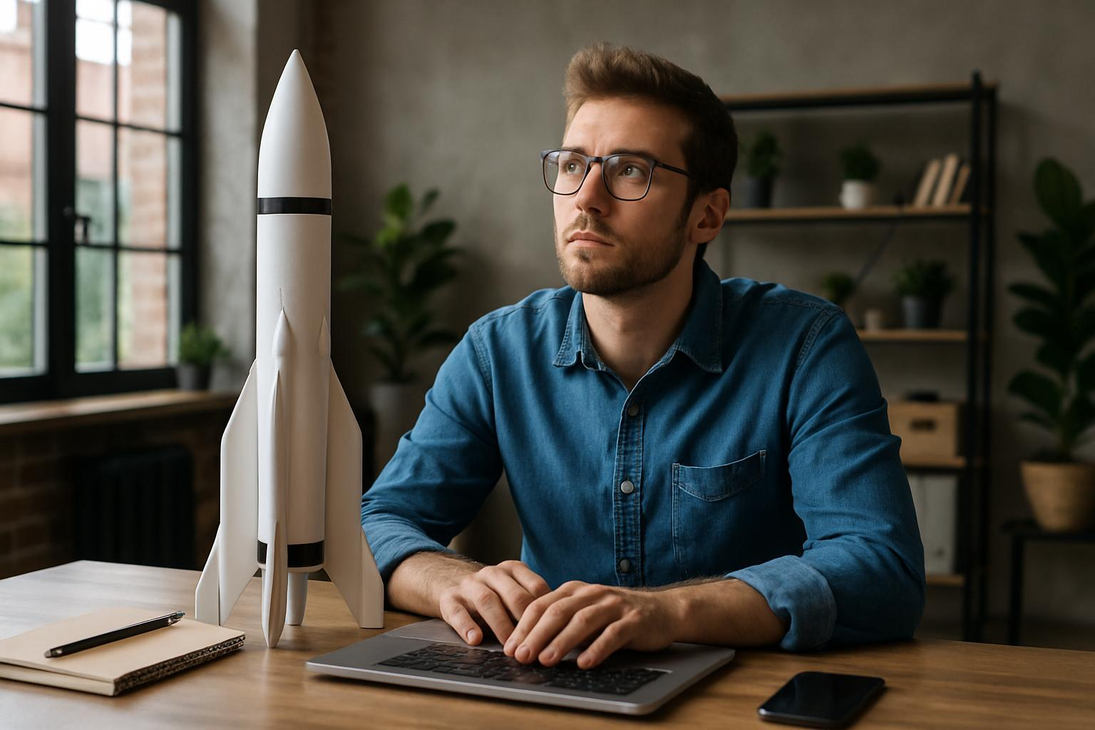 Thoughtful Young Professional with Rocket Model at Desk
