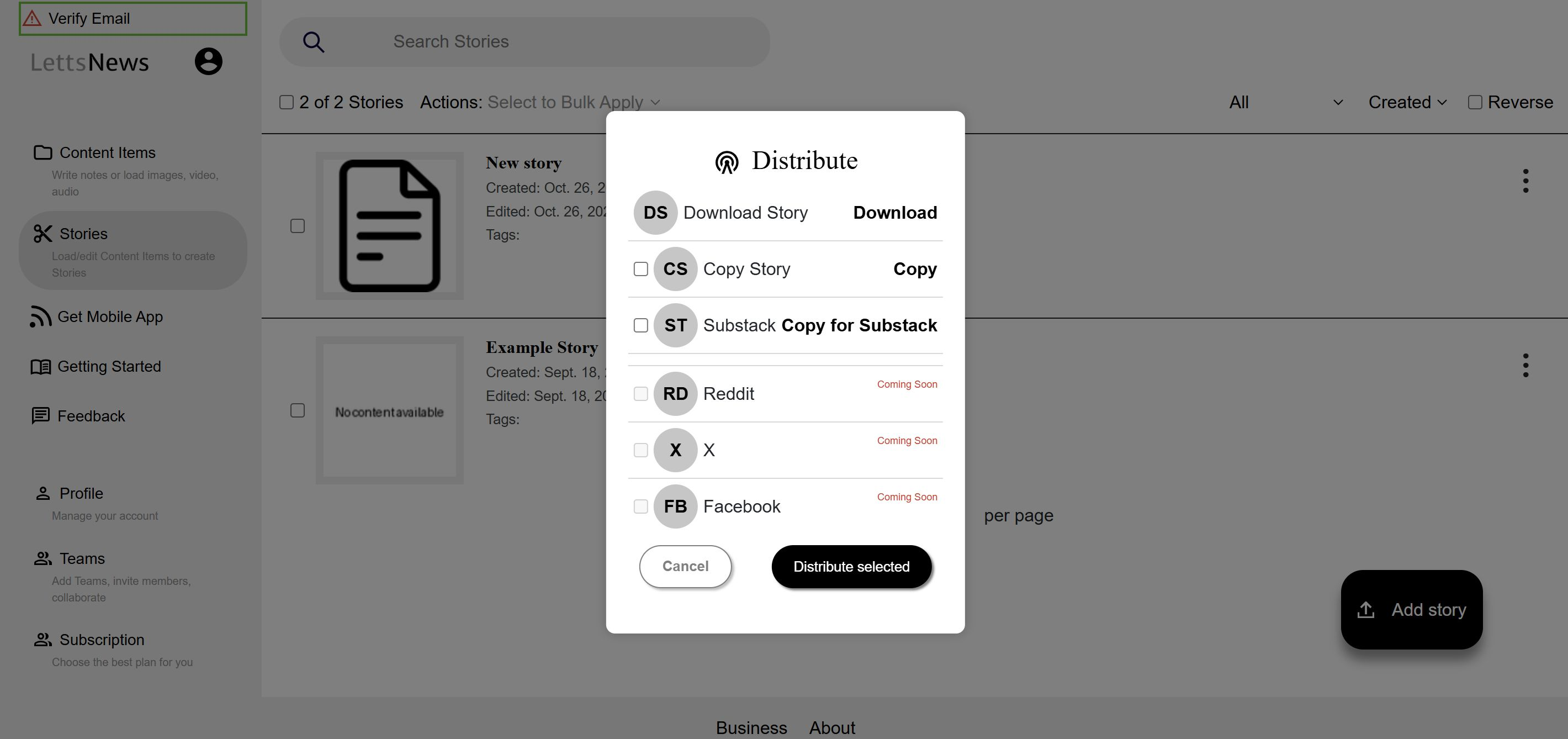 Your distribution menu, where you can select your distribution options, or do multiple at once with the checkbox.